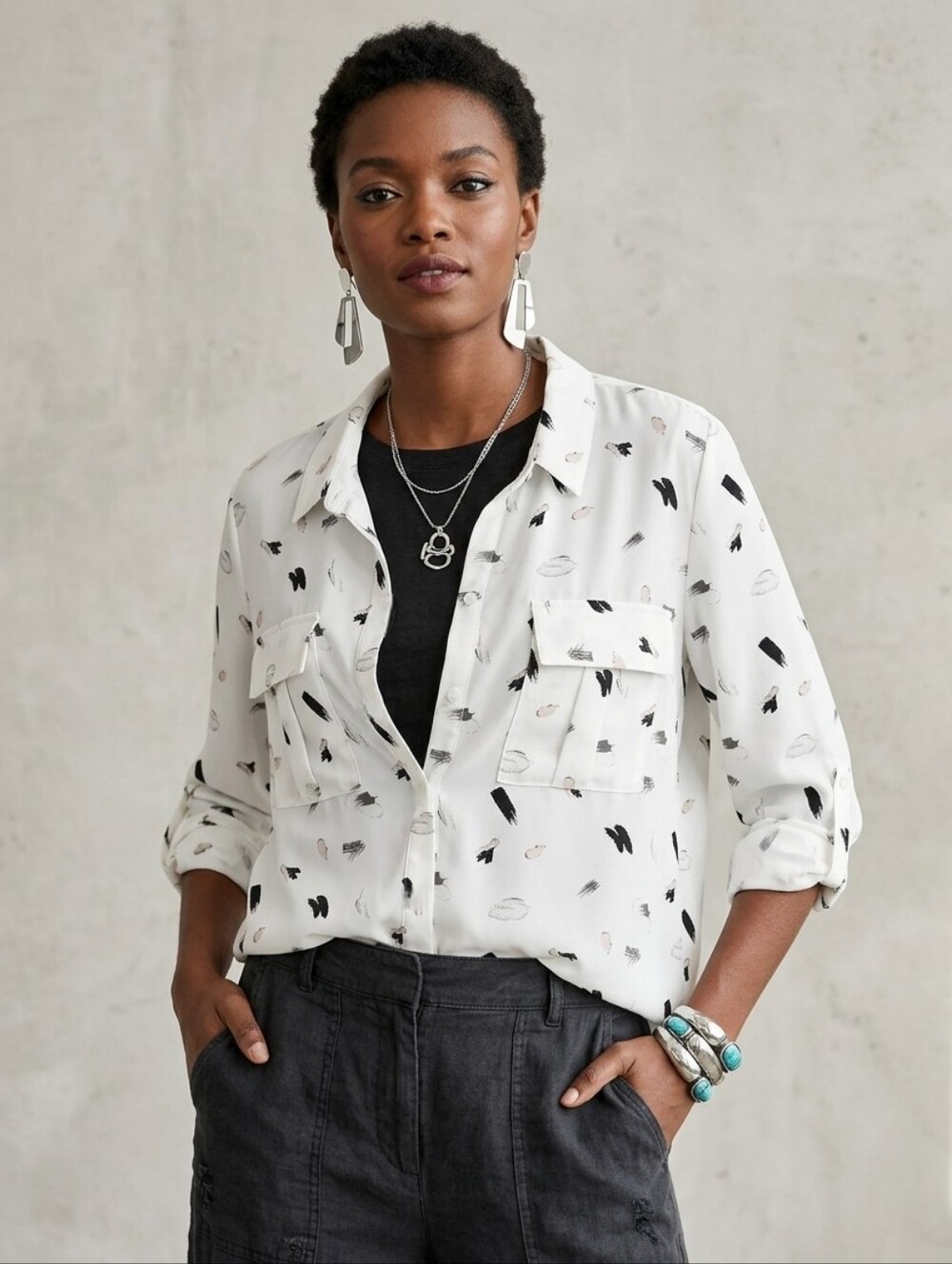 Reitmans Abstract Print Button-Down Blouse, Off-White/Black, Size3X